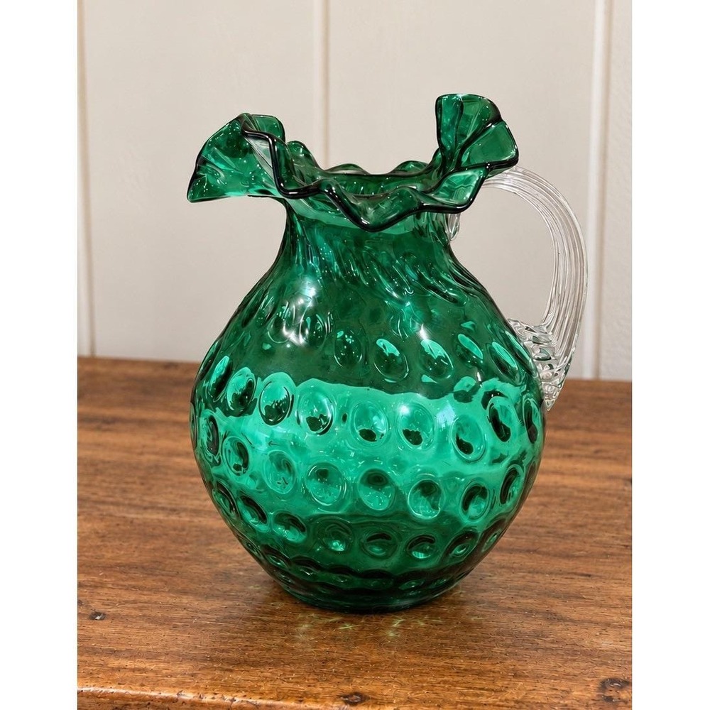 Vintage Fenton Emerald Green Coin Dot Thumb Print 9" Pitcher Large